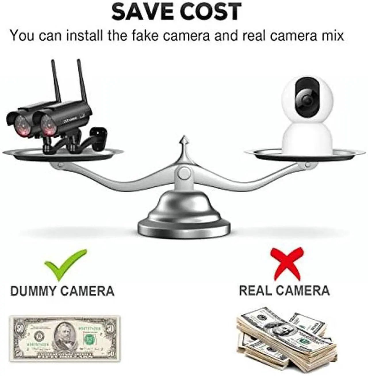 Alt view image 5 of 5 - BNT Solar Powered Fake Security Camera, Bullet Dummy Security Camera Simulated Surveillance System with Realistic Red Flashing Light Sensor and Warning Sticker for Indoor/Outdoor(2Pack, Black)