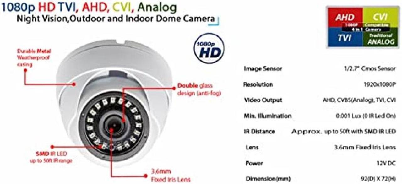 Alt view image 3 of 5 - Evertech HD 1080p TVI AHD CVI Analog ( 960H / CVBS ) Security Dome Surveillance Camera Day Night Vision Outdoor Indoor Weatherproof Metal Housing CCTV Dome Camera