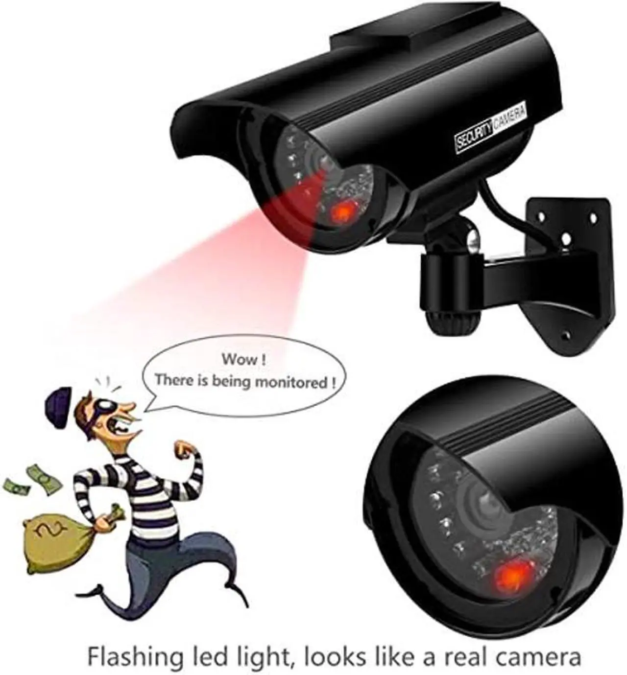 Alt view image 3 of 5 - Preziouz Solar Powered Fake Security Cameras, Bullet Dummy Security Camera, Simulated Surveillance Camera with Flashing Light and CCTV Stickers for Home Businesses Indoor/Outdoor (2 Packs, Black)
