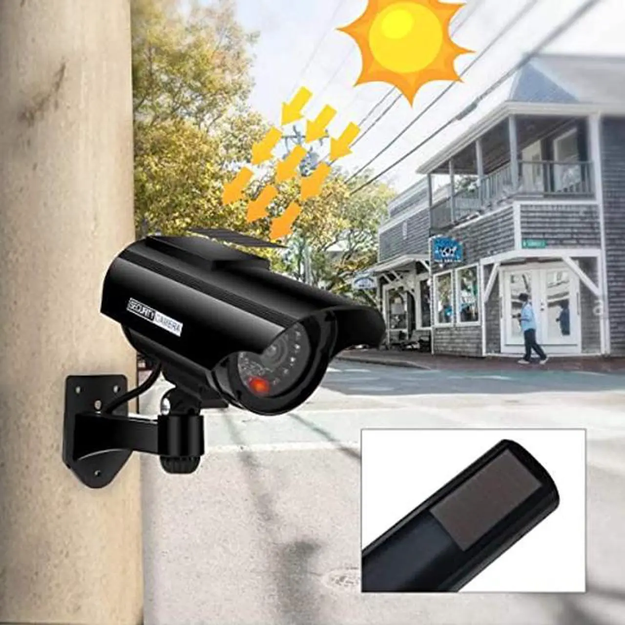 Alt view image 2 of 5 - Preziouz Solar Powered Fake Security Cameras, Bullet Dummy Security Camera, Simulated Surveillance Camera with Flashing Light and CCTV Stickers for Home Businesses Indoor/Outdoor (2 Packs, Black)