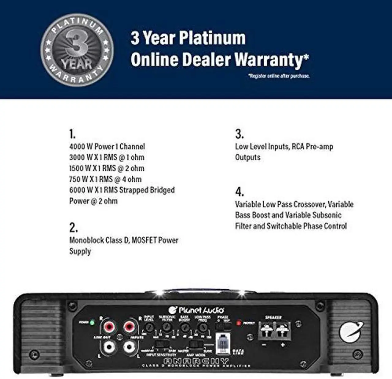 Alt view image 4 of 5 - Planet Audio AC4000.1D Anarchy Series Car Audio Amplifier - 4000 High Output, Class D, Monoblock, 1 Ohm Stable, Low Level Inputs, Low Pass Crossover, Hook Up To Stereo and Subwoofer