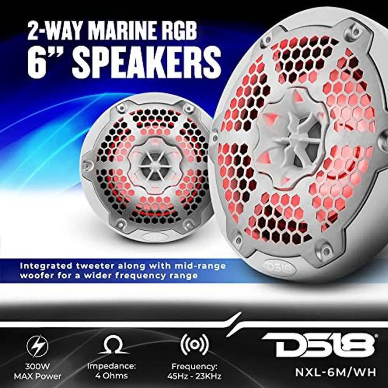 Alt view image 2 of 5 - DS18 Hydro NXL-6M/WH - High End Mesh Grill Coaxial Speaker Pair - 2-Way Car Speaker with Integrated RGB Lights - 300 Watt Car Audio System - Water Resistant Speakers - 6.5 Inches, White