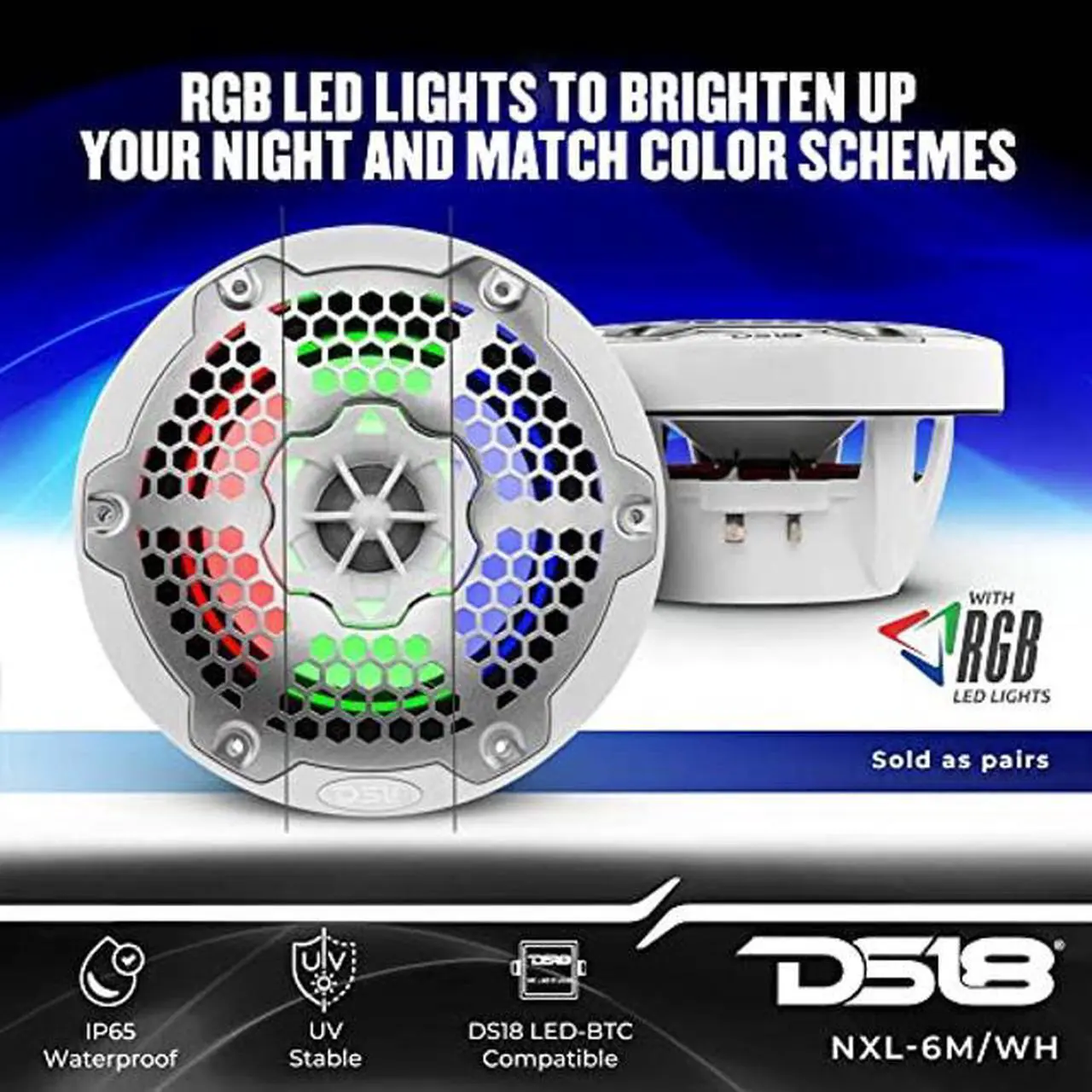 Alt view image 3 of 5 - DS18 Hydro NXL-6M/WH - High End Mesh Grill Coaxial Speaker Pair - 2-Way Car Speaker with Integrated RGB Lights - 300 Watt Car Audio System - Water Resistant Speakers - 6.5 Inches, White