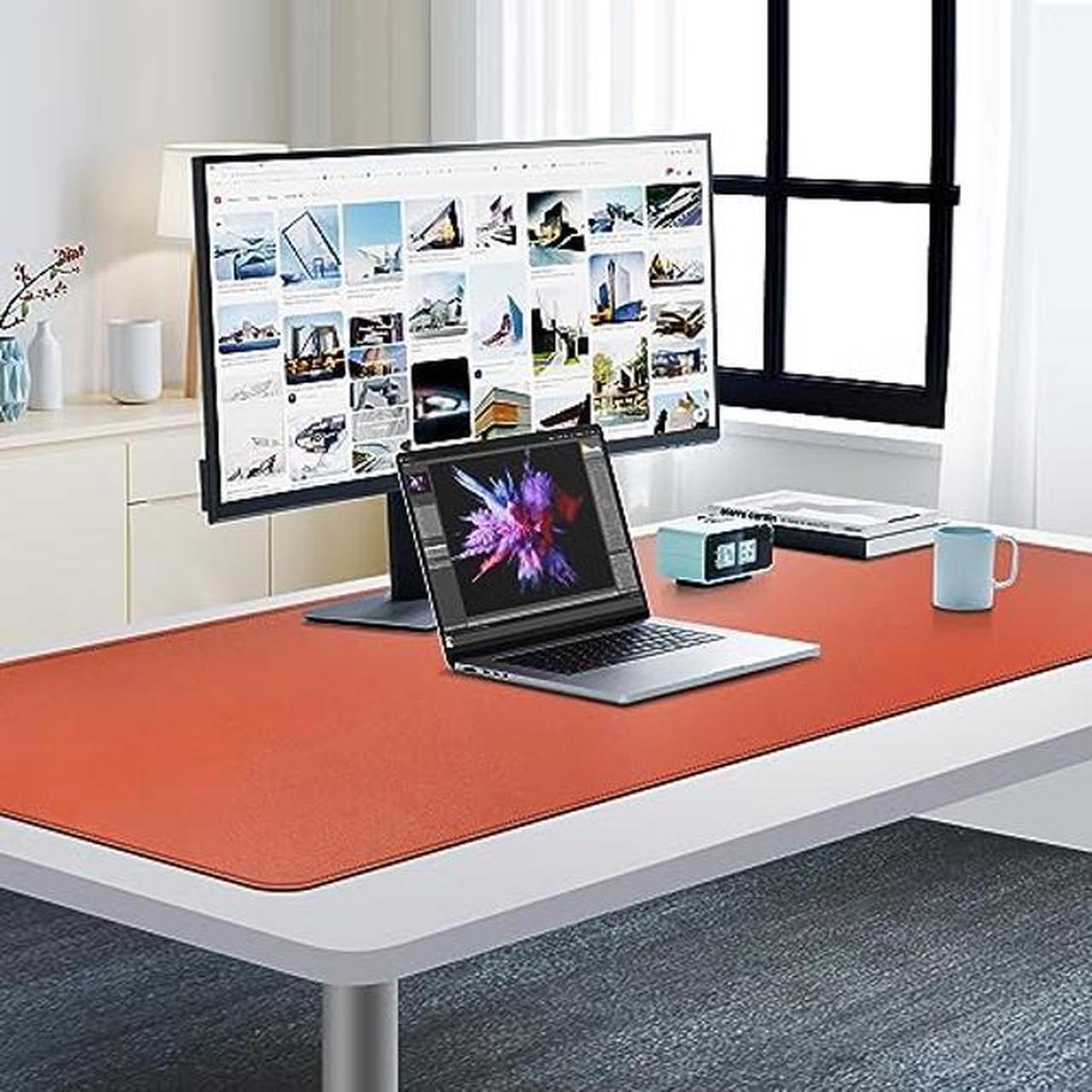 Alt view image 2 of 5 - Cacoy Leather Desk Pad Protector, 55.1"x23.6" Large Waterproof Desktop Blotter Mat for Keyboard and Mouse, Dual-Sided Desk Writing Pad for Office and Home (Orange)