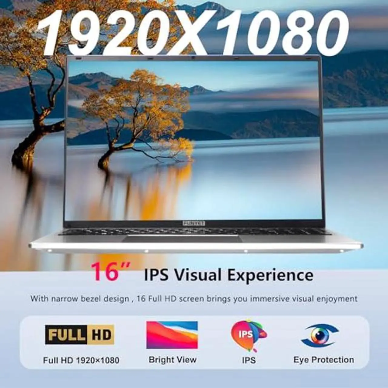 Alt view image 3 of 5 - FUNYET 16 inch Laptop 12th Gen Alder Lake N95(Up to 3.4Ghz) 16GB RAM 512GB SSD, Windows 11 Laptop Computer with Narrow Bezels Design, 2.4G/5G WiFi, BT4.2, Fingerprint Unlock, Backlit Keyboard