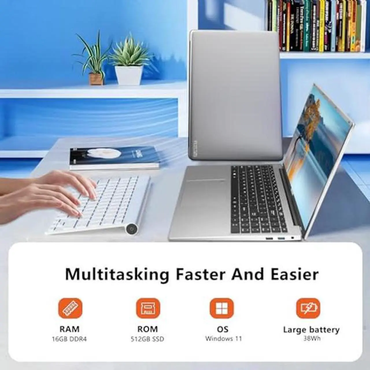Alt view image 4 of 5 - FUNYET 16 inch Laptop 12th Gen Alder Lake N95(Up to 3.4Ghz) 16GB RAM 512GB SSD, Windows 11 Laptop Computer with Narrow Bezels Design, 2.4G/5G WiFi, BT4.2, Fingerprint Unlock, Backlit Keyboard