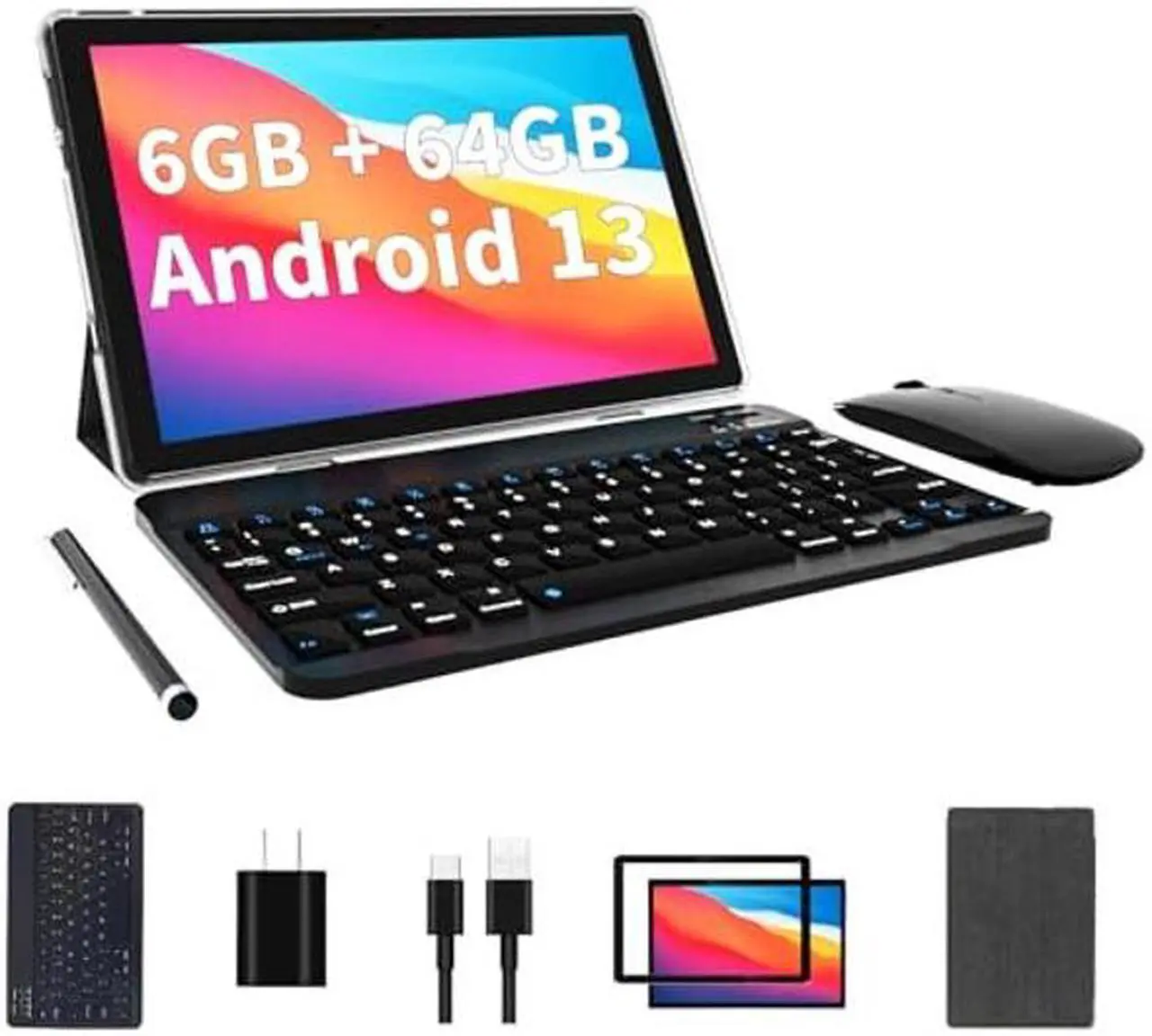 Main image of ECOPAD 2023 Newest 2 in 1 Tablet, 10.1 Inch Android 13 Tablet 6GB RAM 64GB ROM, 1280 * 800 IPS HD Screen, Android Tablet with Keyboard/Mouse (Black)