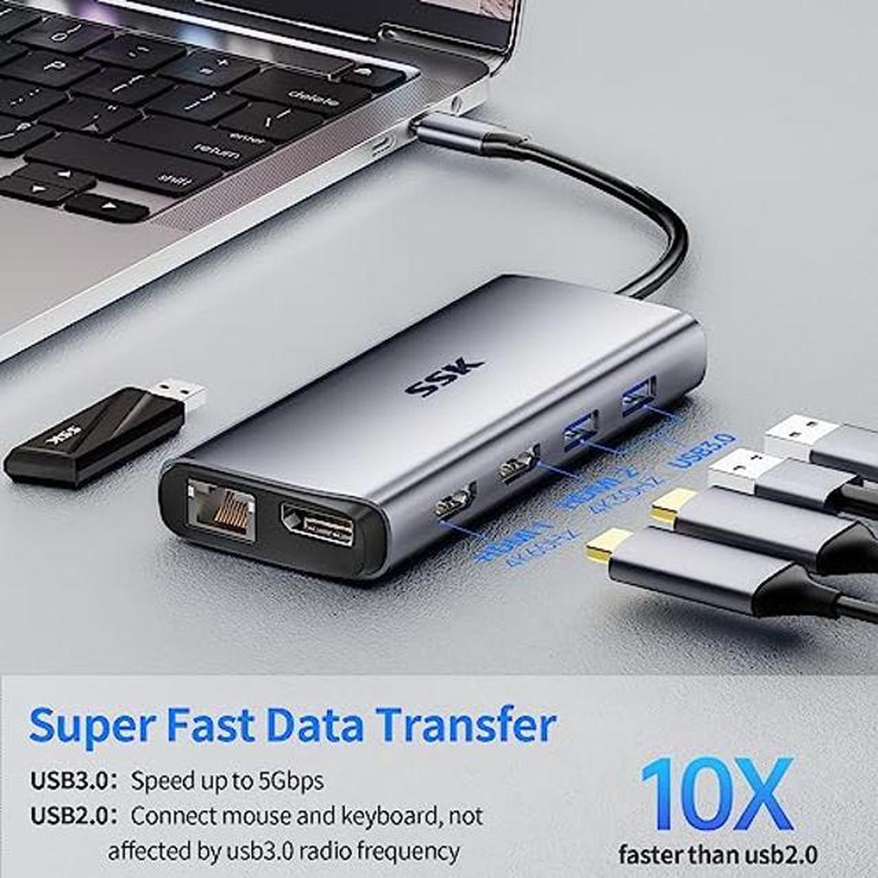 Alt view image 5 of 5 - SSK USB C Docking Station Dual Monitor, 11 in 1 Triple Display Docking Station Multiport Adapter of 2 HDMI, Displayport, Ethernet, PD3.0, SD TF Card Reader, 3USBs for MacBook/Dell/HP/Lenovo Laptops