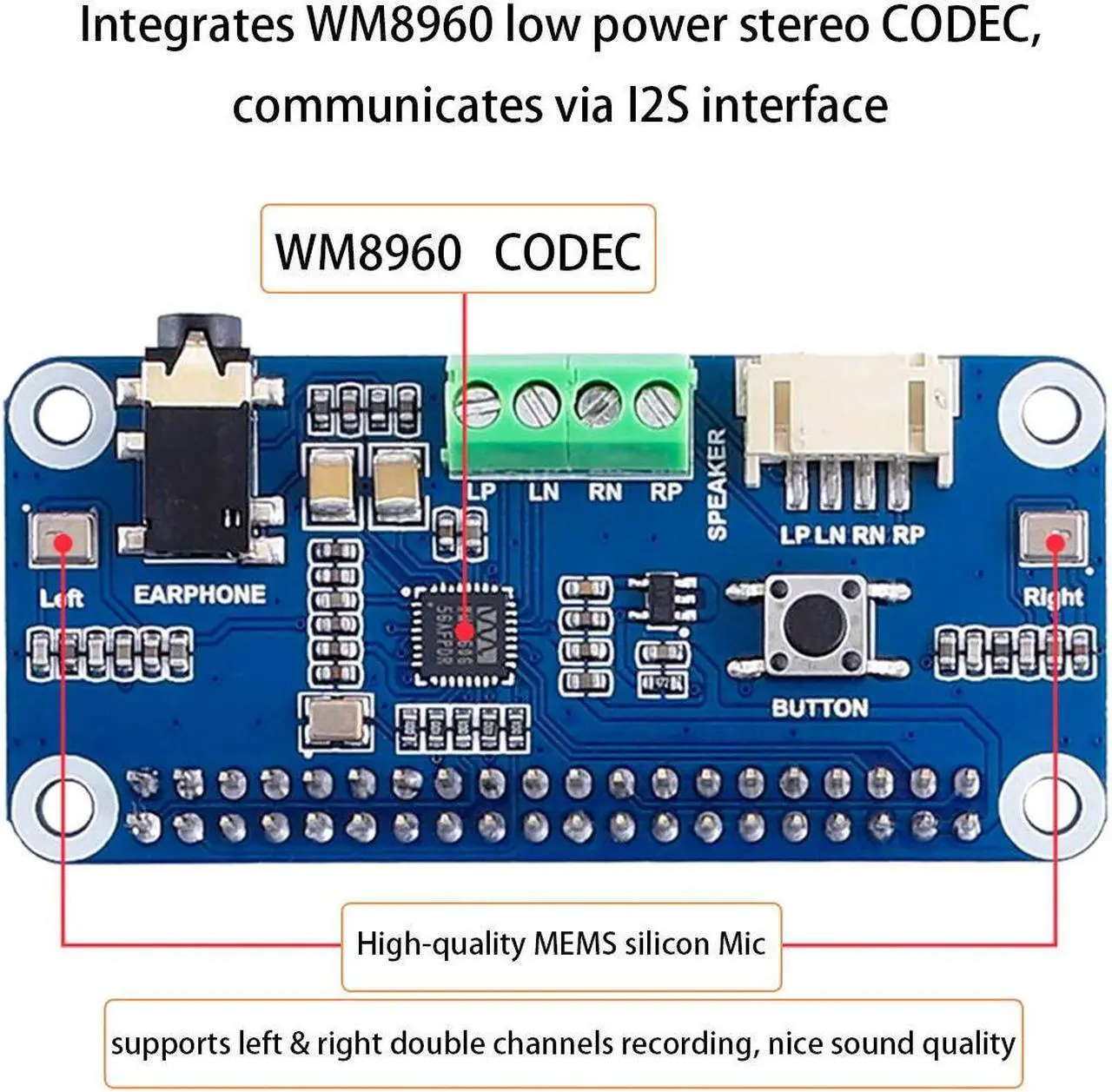 Alt view image 3 of 5 - Audio HAT Module for Raspberry Pi 4B/3B+/3B/2B/B+/A+/Zero/Zero W/Pi Zero WH,WM8960 Hi-Fi Sound Card HAT Stereo CODEC, Play/Record