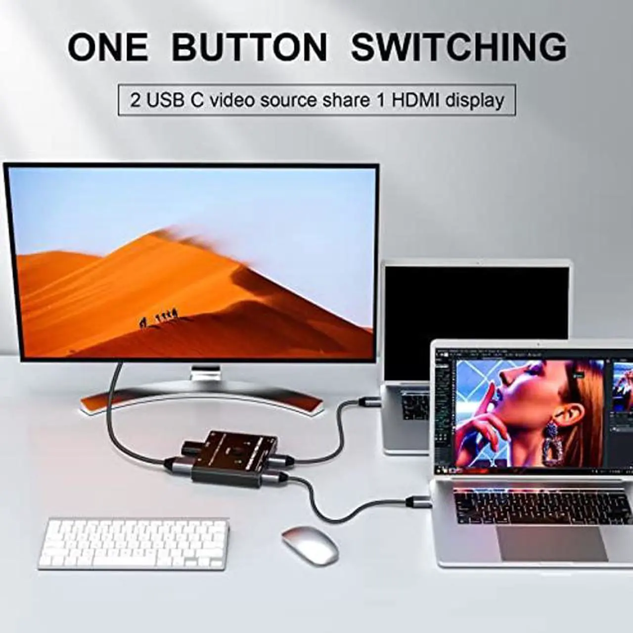 Alt view image 3 of 5 - USB Type C KVM Switch 4K@60Hz, 2-Port Type C to HDMI Switcher for 2 USB-C Port Laptops Share 1 HDMI Monitor and USB Devices, with Wired Remote and USB-C Cable