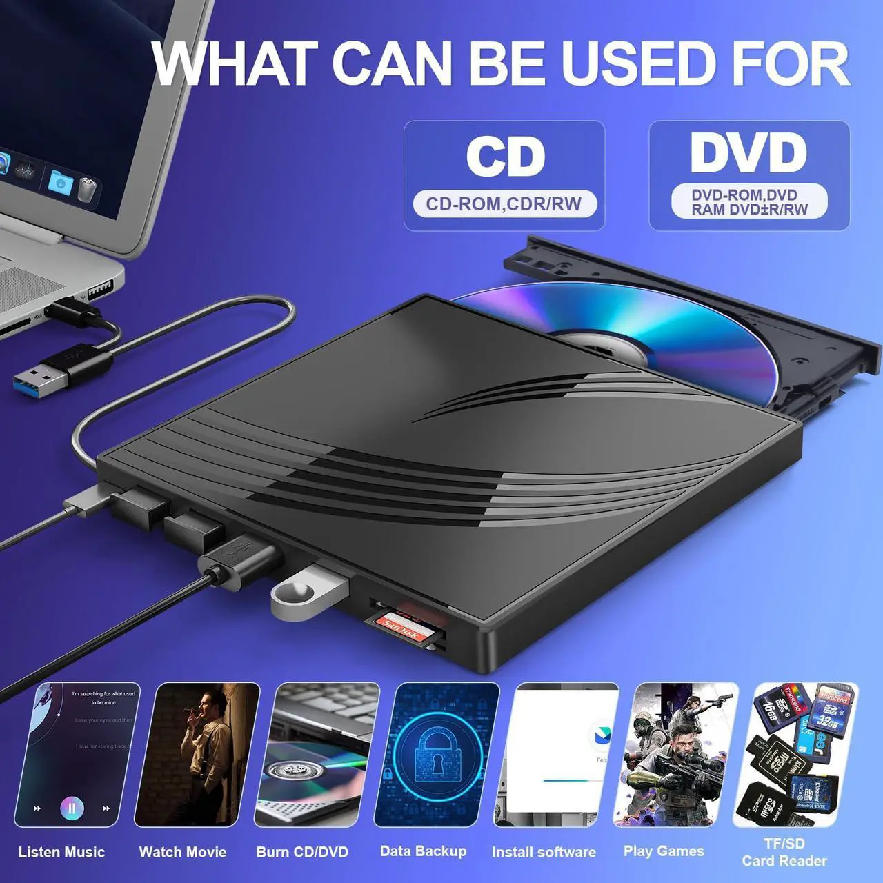 Alt view image 3 of 5 - External CD/DVD Drive for Laptop, Ultra Slim CD Burner USB 3.0 Hub with 4 USB Ports, 2 TF/SD Card Slots,1 Type-C Port,DVD Player for Laptop Compatible with mac OS/Windows/Linux