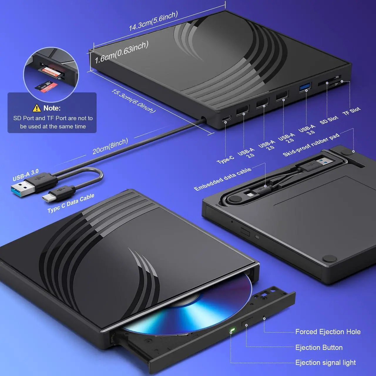 Alt view image 4 of 5 - External CD/DVD Drive for Laptop, Ultra Slim CD Burner USB 3.0 Hub with 4 USB Ports, 2 TF/SD Card Slots,1 Type-C Port,DVD Player for Laptop Compatible with mac OS/Windows/Linux