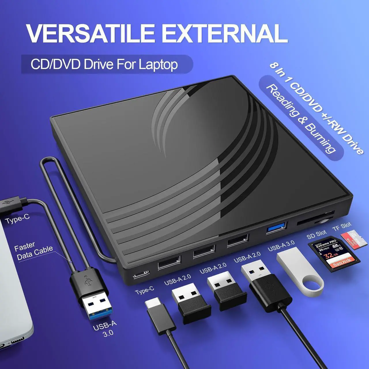 Alt view image 5 of 5 - External CD/DVD Drive for Laptop, Ultra Slim CD Burner USB 3.0 Hub with 4 USB Ports, 2 TF/SD Card Slots,1 Type-C Port,DVD Player for Laptop Compatible with mac OS/Windows/Linux