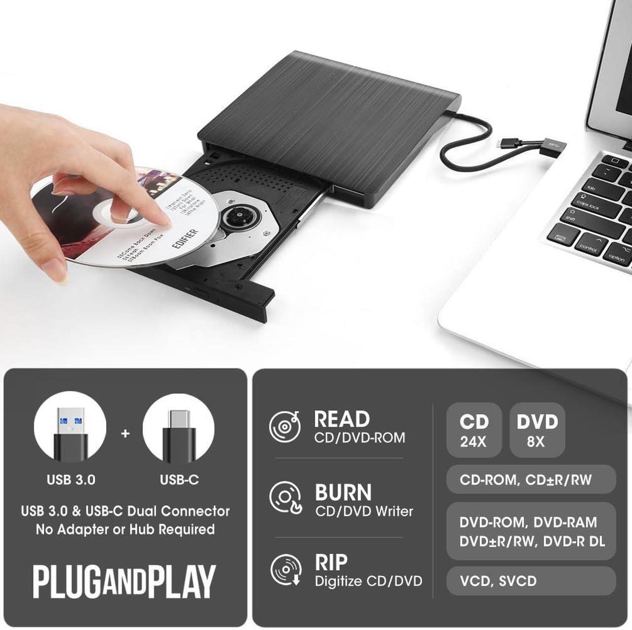 Alt view image 2 of 5 - ROOFULL External CD DVD +/-RW Drive, USB 3.0 & USB-C CD Burner DVD Player Reader Writer Optical Disc Drive with Carrying Case for Laptop Mac MacBook Pro/Air, Windows 11/10/8/7, Linux PC