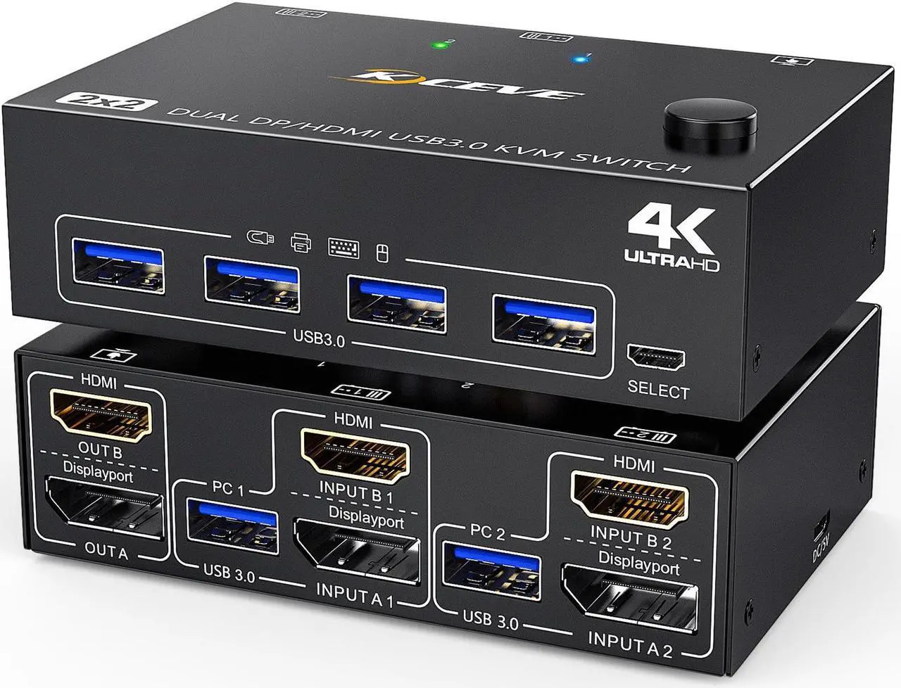 Main image of USB 3.0 Dual Monitor KVM Switch HDMI+Displayport 4K@60Hz,2K@120Hz,MLEEDA 2 Monitors 2 Computers KVM Switch for 2 Computer Share 2 Display and 4 USB3.0 Devices.Wired Remote and 4 Cables Included