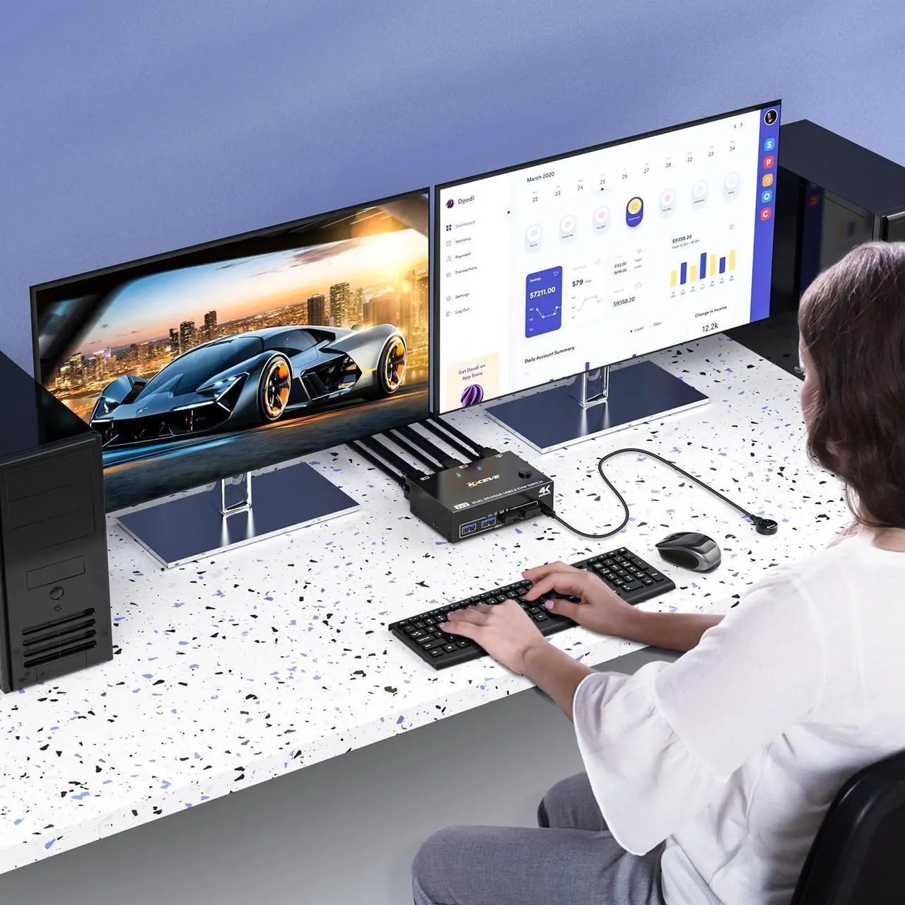 Alt view image 2 of 4 - USB 3.0 Dual Monitor KVM Switch HDMI+Displayport 4K@60Hz,2K@120Hz,MLEEDA 2 Monitors 2 Computers KVM Switch for 2 Computer Share 2 Display and 4 USB3.0 Devices.Wired Remote and 4 Cables Included