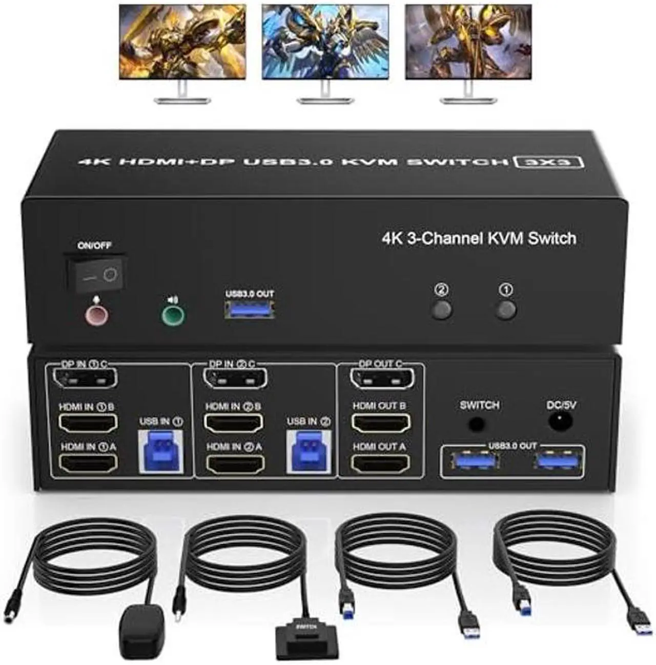 Main image of 2 HDMI + 1 Displayport KVM Switch 3 Monitor 2 Computers, 4K@60Hz Triple Monitor KVM Switch with Audio and 3 USB 3.0 Ports, 2 Computers Share 3 Monitors Keyboard Mouse Switcher