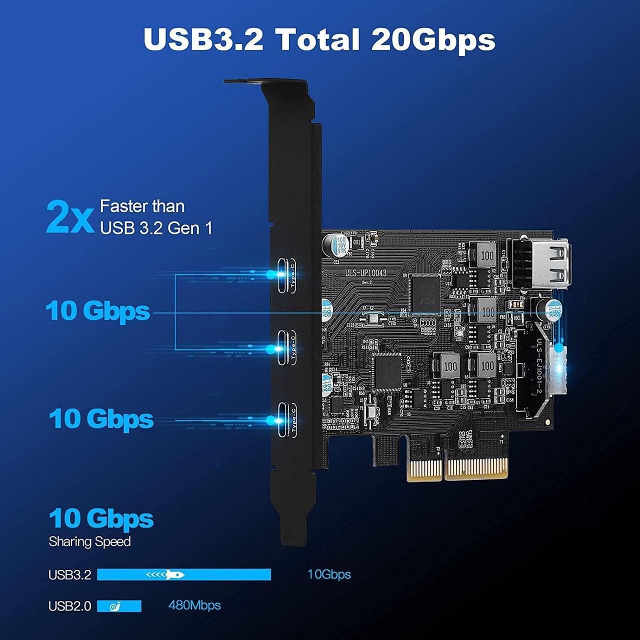Alt view image 2 of 5 - Sinefine PCI-E to USB 3.2 Expansion Card,3.2 gen2 10Gpbs (3X USB C, 1x USB A, 1x USB Type E A Key), USB C PCI Express Card, A-Key 20 Pin Header for Type C Front Panel Mount Adapter