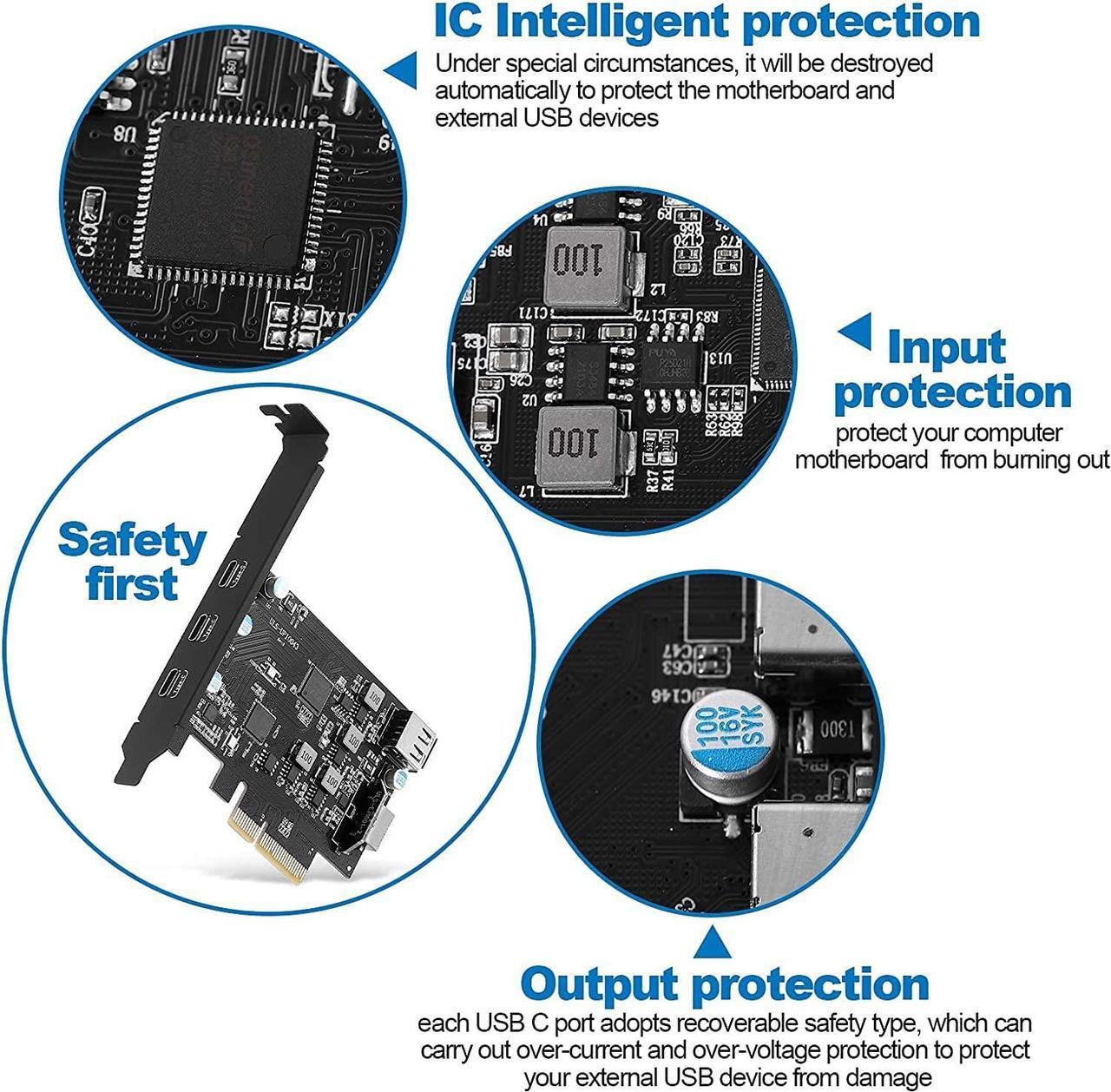 Alt view image 5 of 5 - Sinefine PCI-E to USB 3.2 Expansion Card,3.2 gen2 10Gpbs (3X USB C, 1x USB A, 1x USB Type E A Key), USB C PCI Express Card, A-Key 20 Pin Header for Type C Front Panel Mount Adapter