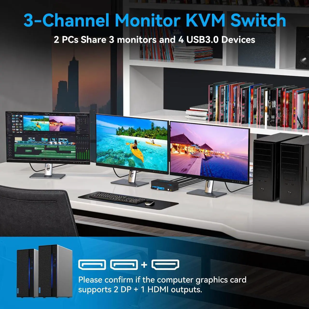 Alt view image 5 of 5 - 8K@60Hz HDMI Displayport KVM Switch 3 Monitors 2 Computers 4K@120Hz Triple Monitor KVM Switches for 2 PC Share 4 USB 3.0 Ports Support Extended & Copy Mode Desktop Controller 12V Adapter Included