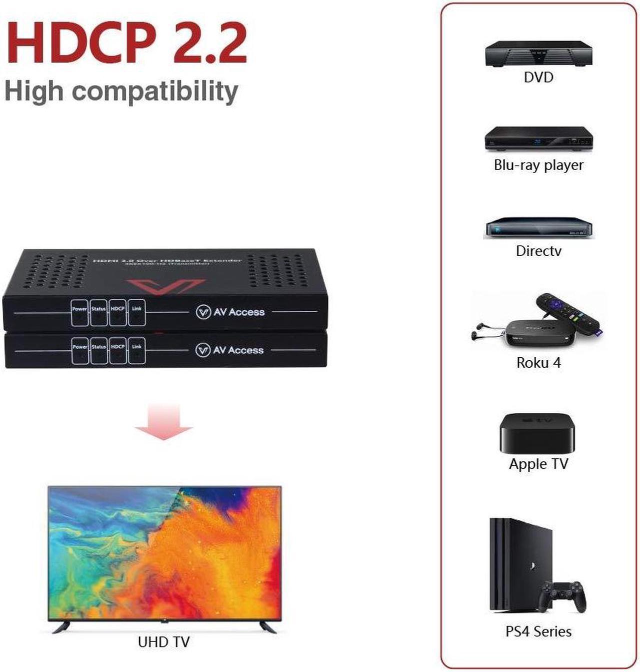 Alt view image 3 of 5 - AV Access HDBaseT 4K HDMI Extender Over Single Cat5e/6/6a/7 Ethernet, HDMI 2.0 YUV4:4:4, EDID, PoE, Bi-Directional IR/RS232 Pass Through, HDR10, CEC, up to 4K@60Hz 130ft, 1080P@60Hz 230ft