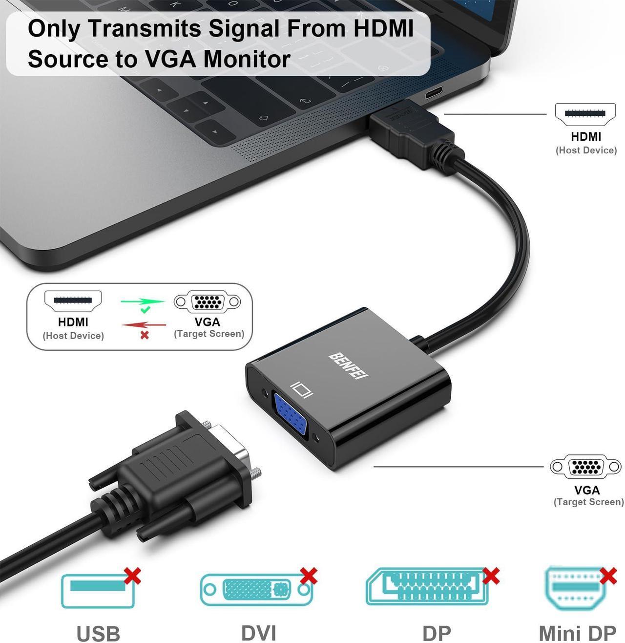 Alt view image 2 of 5 - BENFEI HDMI to VGA, 5 Pack, Gold-Plated HDMI to VGA Adapter (Male to Female) for Computer, Desktop, Laptop, PC, Monitor, Projector, HDTV, Chromebook, Raspberry Pi, Roku, Xbox and More - Black