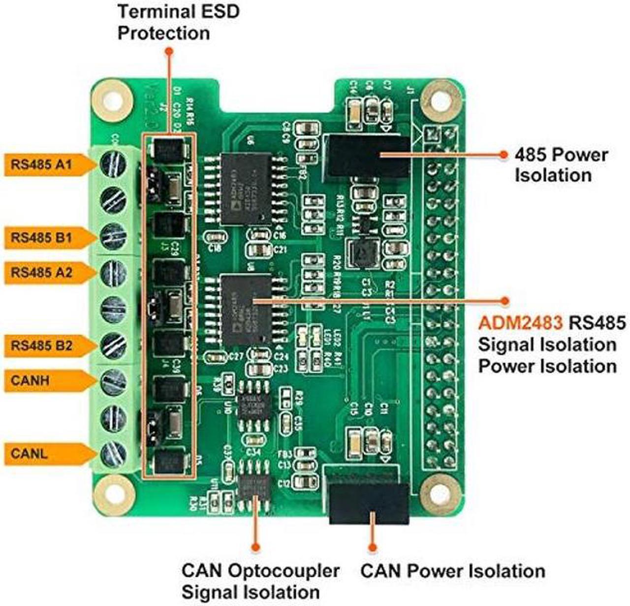 Alt view image 2 of 5 - RS485 CAN HAT for Raspberry Pi Via SPI Onboard 1 x CAN Bus MCP2515 Transceiver 2 x RS485 Bus SC16IS1752, Signal and Power Isolated, ESD Protection Port, Stable Long-Distance Communication Module