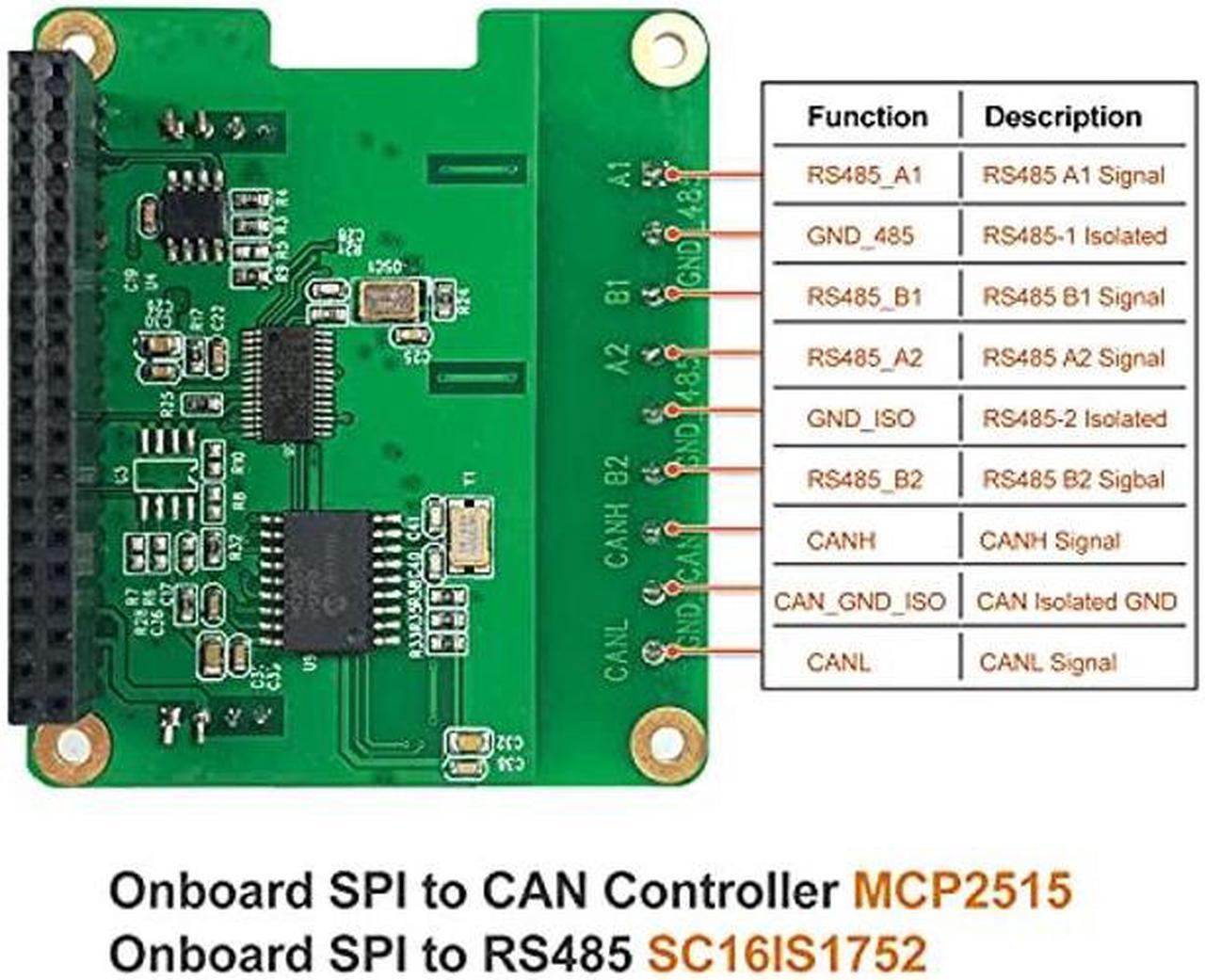 Alt view image 3 of 5 - RS485 CAN HAT for Raspberry Pi Via SPI Onboard 1 x CAN Bus MCP2515 Transceiver 2 x RS485 Bus SC16IS1752, Signal and Power Isolated, ESD Protection Port, Stable Long-Distance Communication Module