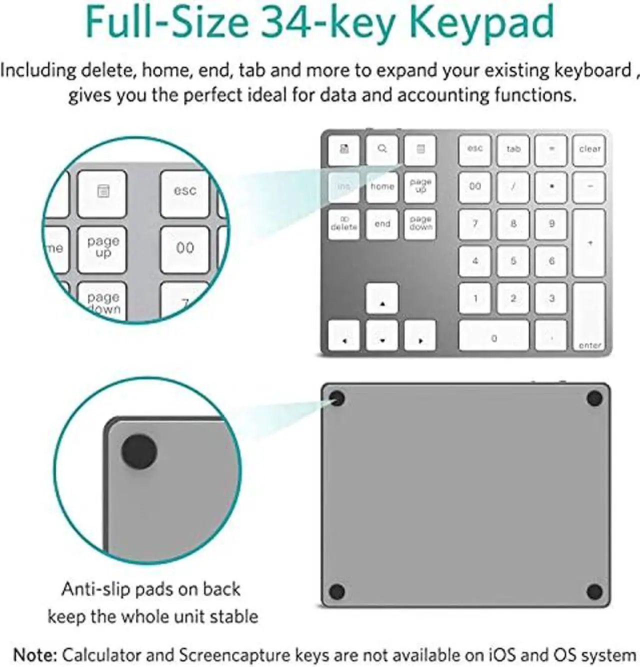 Alt view image 2 of 5 - Bluetooth Number Pad Aluminum Rechargeable Wireless Numeric Keypad Slim 34-Keys External Numpad Keyboard Data Entry Compatible for Laptops, PC, Desktop, Computers, ETC (Silver)