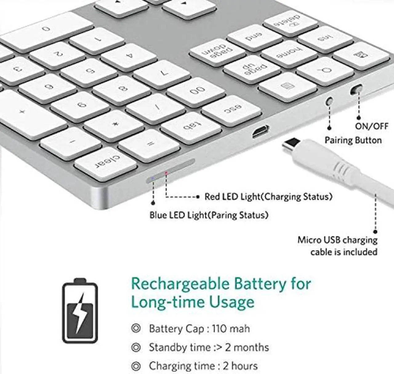 Alt view image 3 of 5 - Bluetooth Number Pad Aluminum Rechargeable Wireless Numeric Keypad Slim 34-Keys External Numpad Keyboard Data Entry Compatible for Laptops, PC, Desktop, Computers, ETC (Silver)