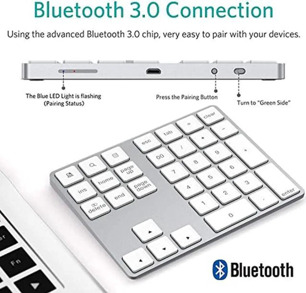 Alt view image 5 of 5 - Bluetooth Number Pad Aluminum Rechargeable Wireless Numeric Keypad Slim 34-Keys External Numpad Keyboard Data Entry Compatible for Laptops, PC, Desktop, Computers, ETC (Silver)