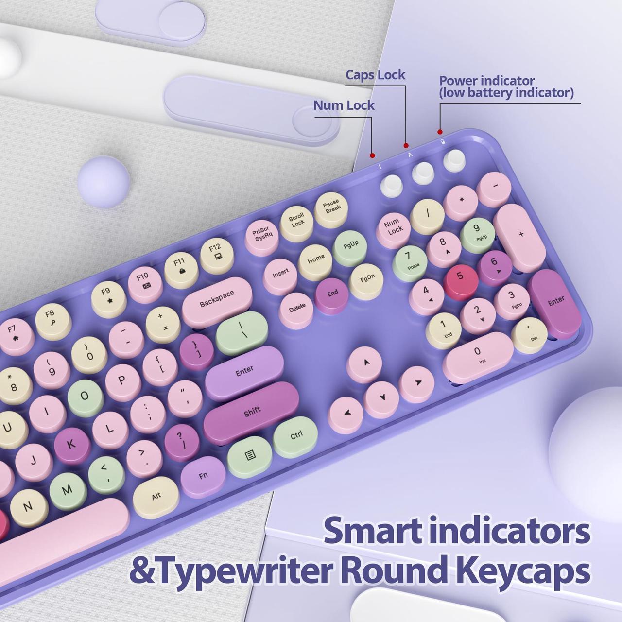 Alt view image 3 of 5 - Fogruaden Purple Keyboard and Mouse Wireless, Retro Typewriter Keyboard, 2.4GHz 104 Keys Full Size Cute Keyboard with Number Pad, Purple Colorful Keyboard with Round Keycap for Windows PC Laptop