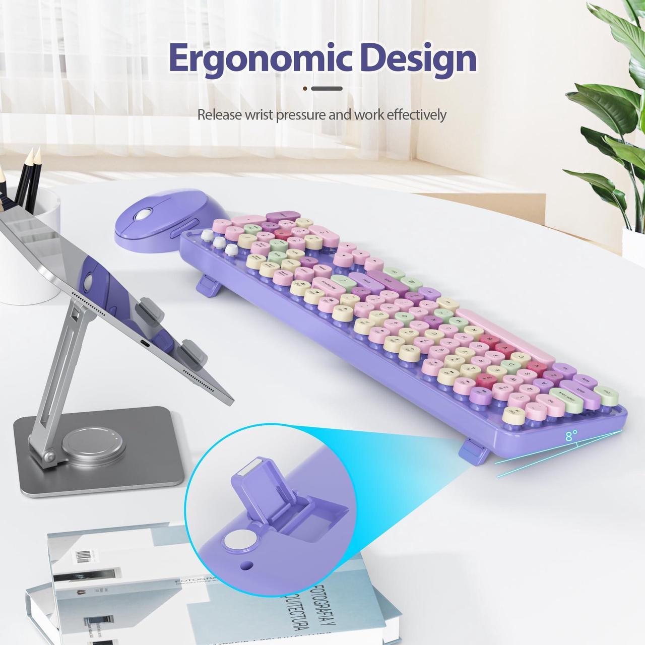 Alt view image 5 of 5 - Fogruaden Purple Keyboard and Mouse Wireless, Retro Typewriter Keyboard, 2.4GHz 104 Keys Full Size Cute Keyboard with Number Pad, Purple Colorful Keyboard with Round Keycap for Windows PC Laptop