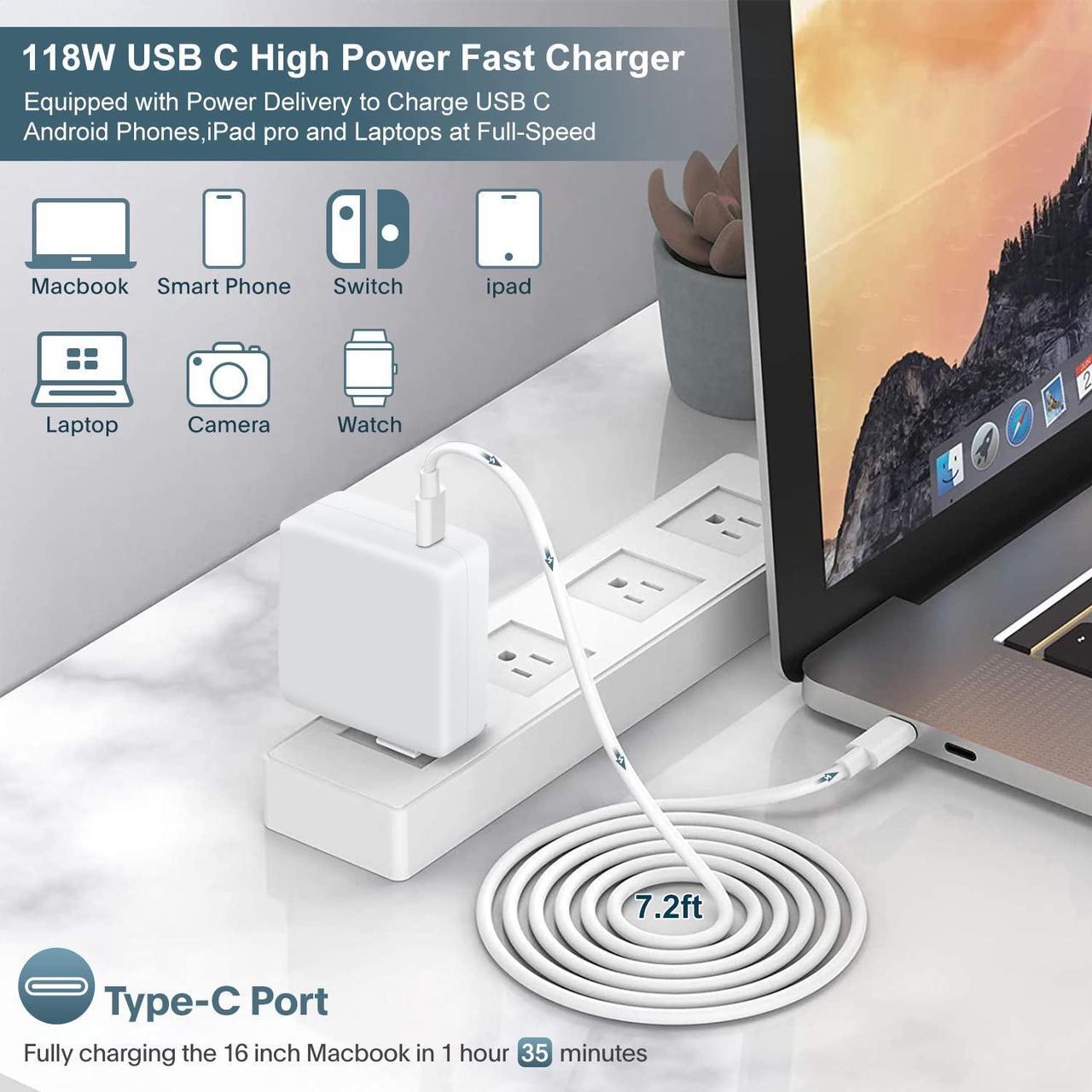 Alt view image 2 of 5 - Mac Book Pro Charger - 118W USB C Charger Fast Charger Compatible with MacBook Pro/Air, iPad Pro, Samsung Galaxy, and More USB-C Devices(7.2 ft Cable Included)