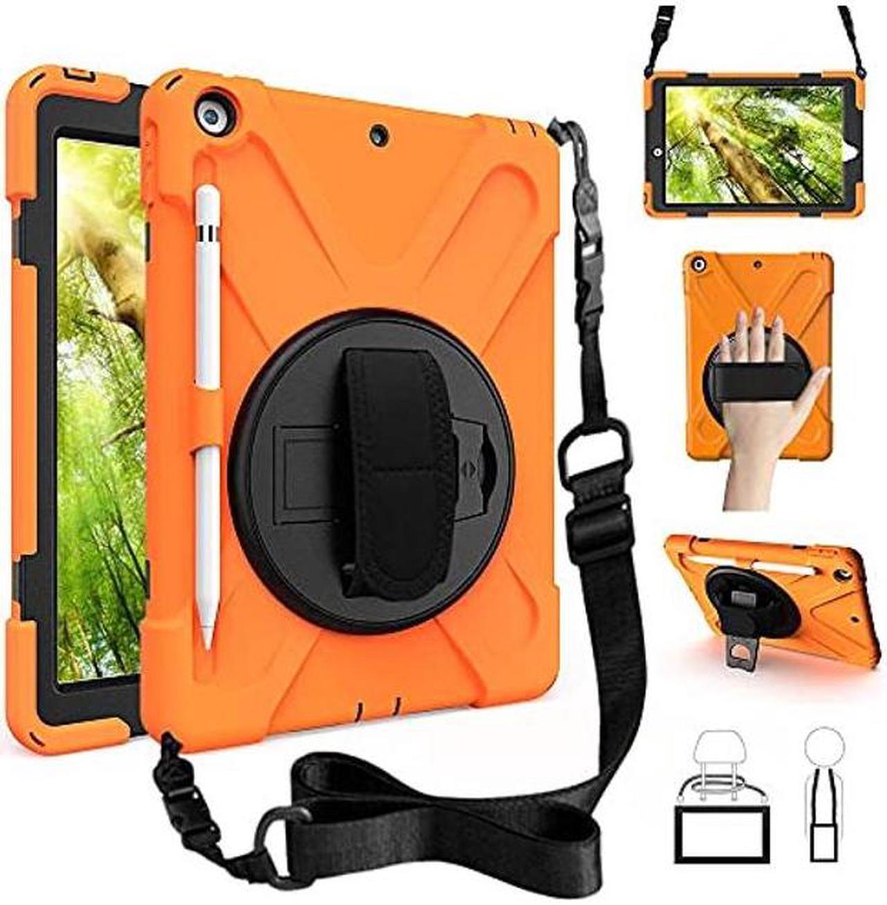 Alt view image 2 of 5 - Bundle-iPad 8th/7th Generation 10.2 Case with Tempered Glass Screen Protector Pencil Holder Kickstand Hand Strap and Shoulder Strap, Orange