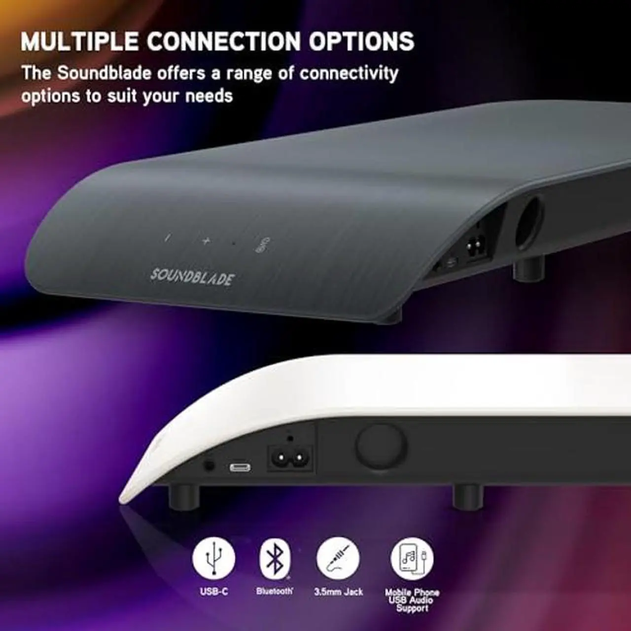 Alt view image 4 of 5 - BlueAnt Soundblade Under Monitor Soundbar, Powerful 120 watt, 2.1 channel USB-C, Bluetooth 5.3 desktop speaker for PC, Mac for streaming content, music and gaming. (Pink)