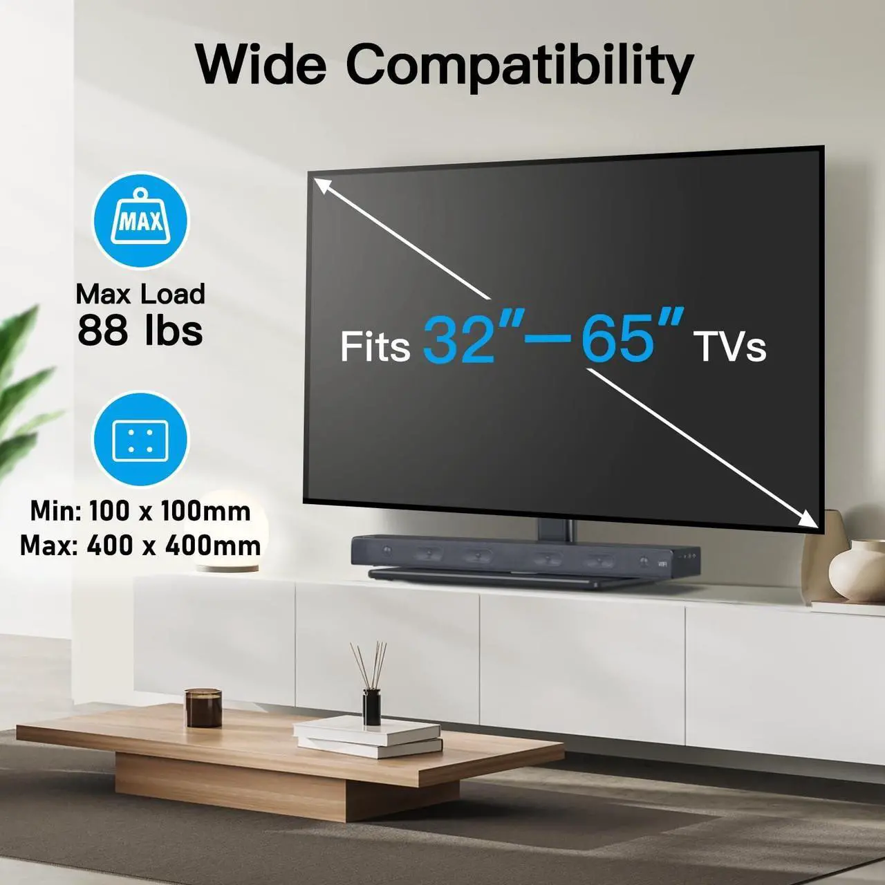 Alt view image 3 of 5 - PERLESMITH Universal TV Stand Table Top TV Base for 32 to 60,65 inch LCD LED OLED 4K Flat Screen TVs-Height Adjustable TV Mount Stand with Tempered Glass Base, VESA 400x400mm,Holds up to 88lbs PSTVS15