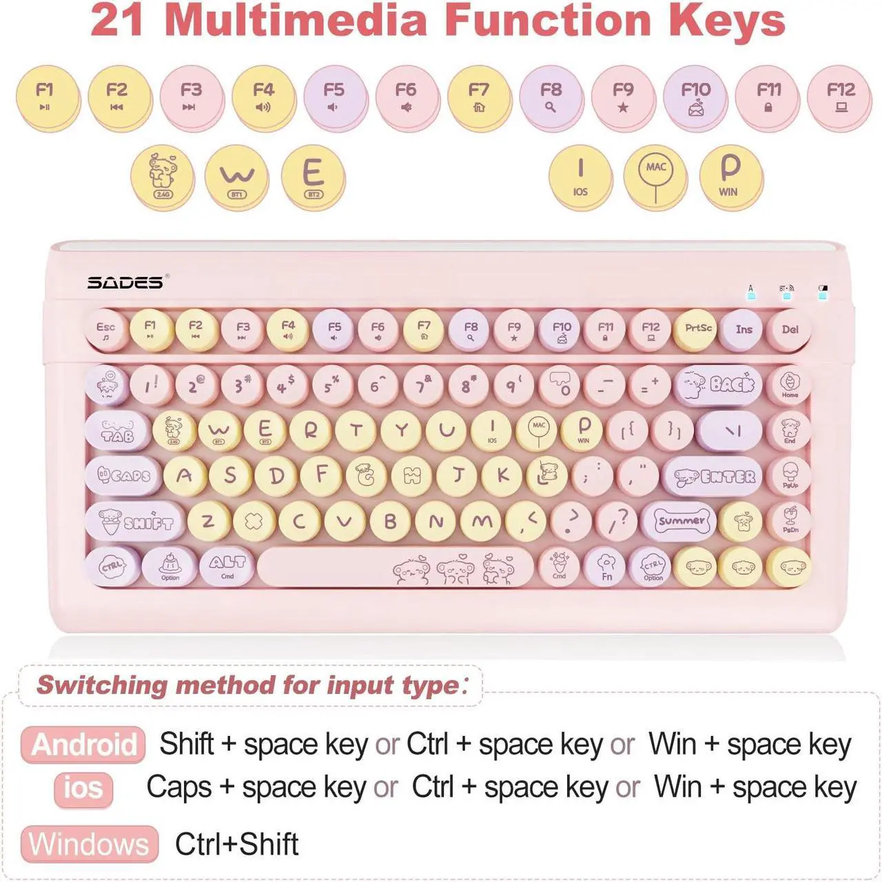 Alt view image 2 of 5 - Pink Wireless Bluetooth Keyboard for iPads Tablet Mac PC Laptop Desktop Smart Phone,Cute Typewriter Style Computer Keyboards with Round Raised Keycaps,Colorful Mini iPad Keyboard for Kids Girl Women