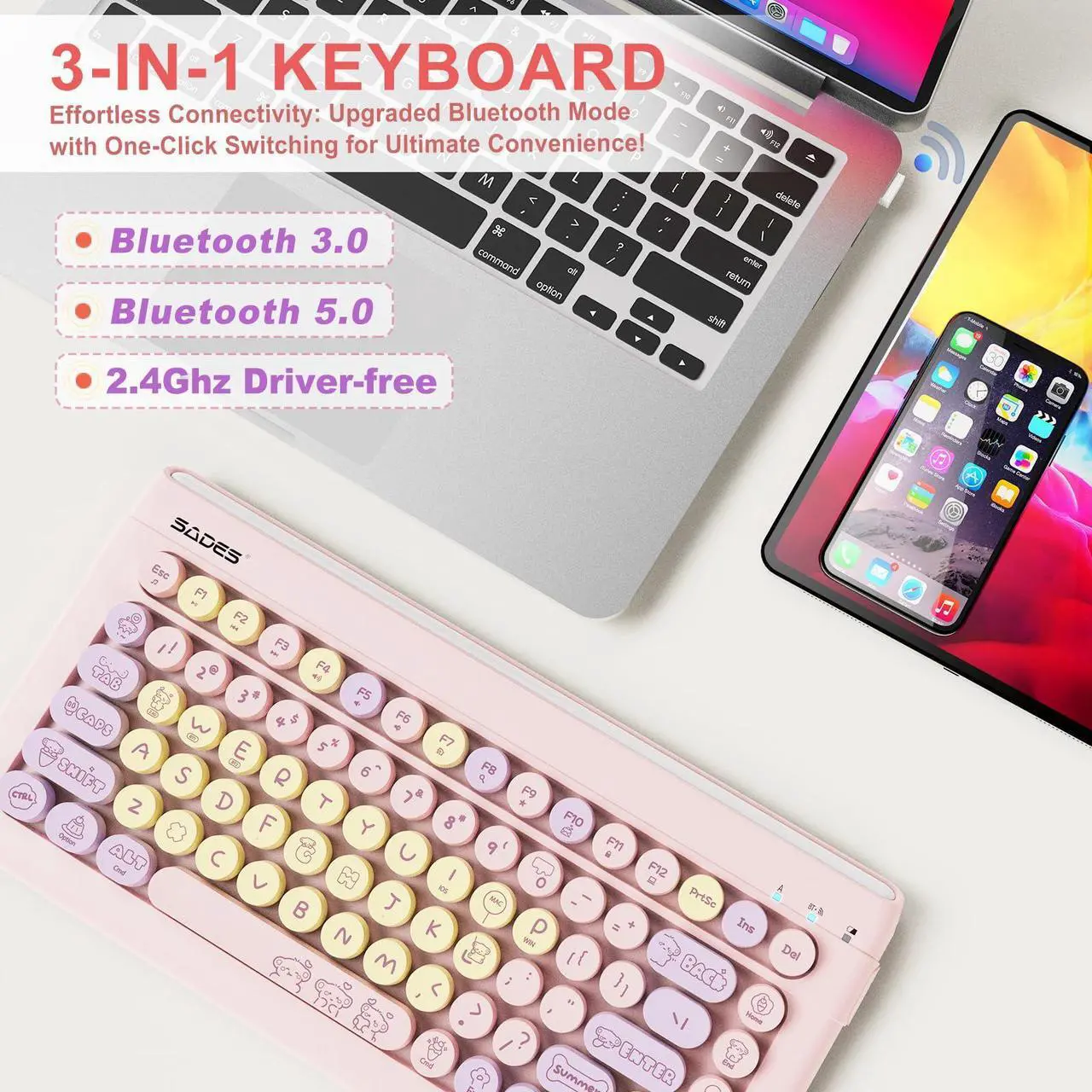 Alt view image 4 of 5 - Pink Wireless Bluetooth Keyboard for iPads Tablet Mac PC Laptop Desktop Smart Phone,Cute Typewriter Style Computer Keyboards with Round Raised Keycaps,Colorful Mini iPad Keyboard for Kids Girl Women