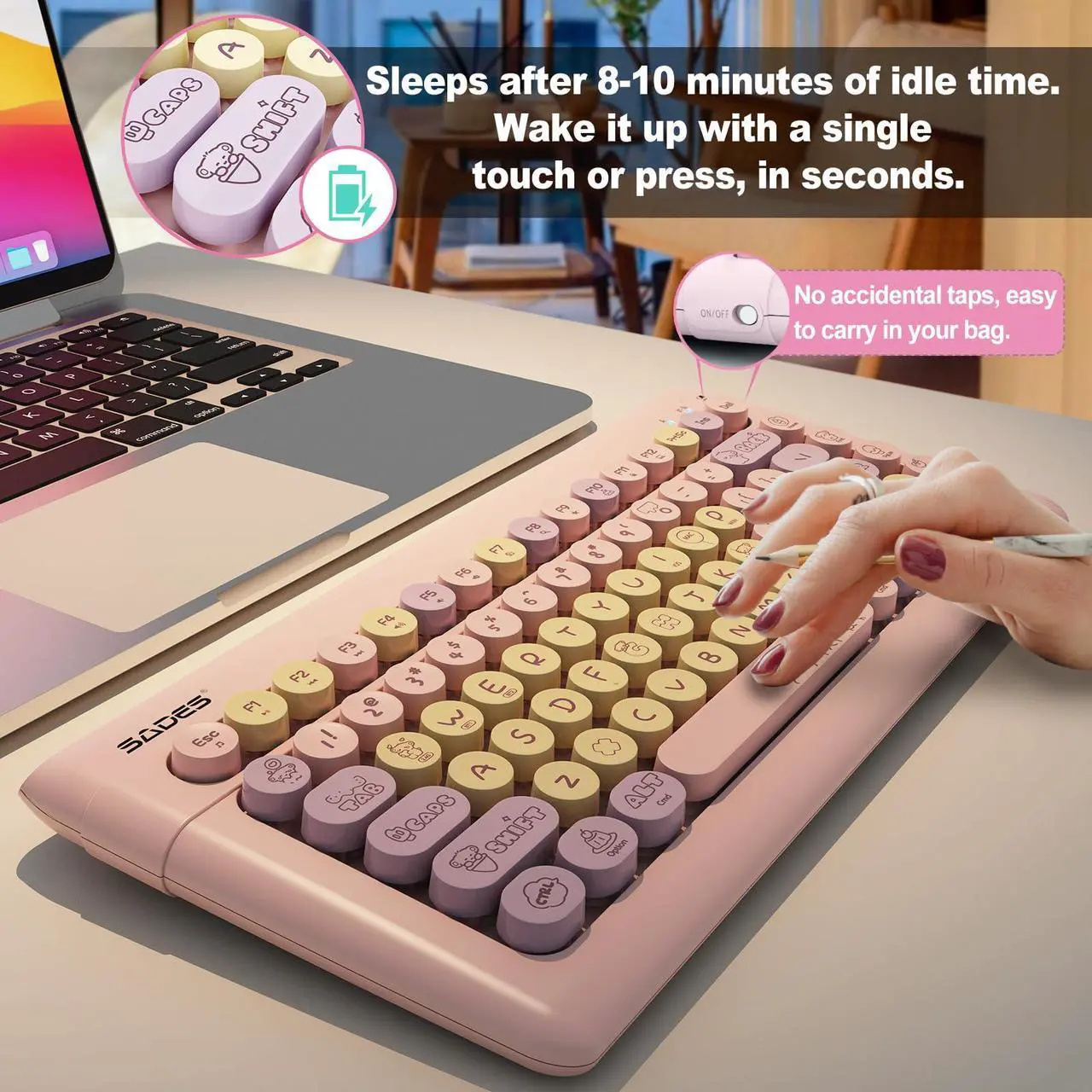 Alt view image 5 of 5 - Pink Wireless Bluetooth Keyboard for iPads Tablet Mac PC Laptop Desktop Smart Phone,Cute Typewriter Style Computer Keyboards with Round Raised Keycaps,Colorful Mini iPad Keyboard for Kids Girl Women