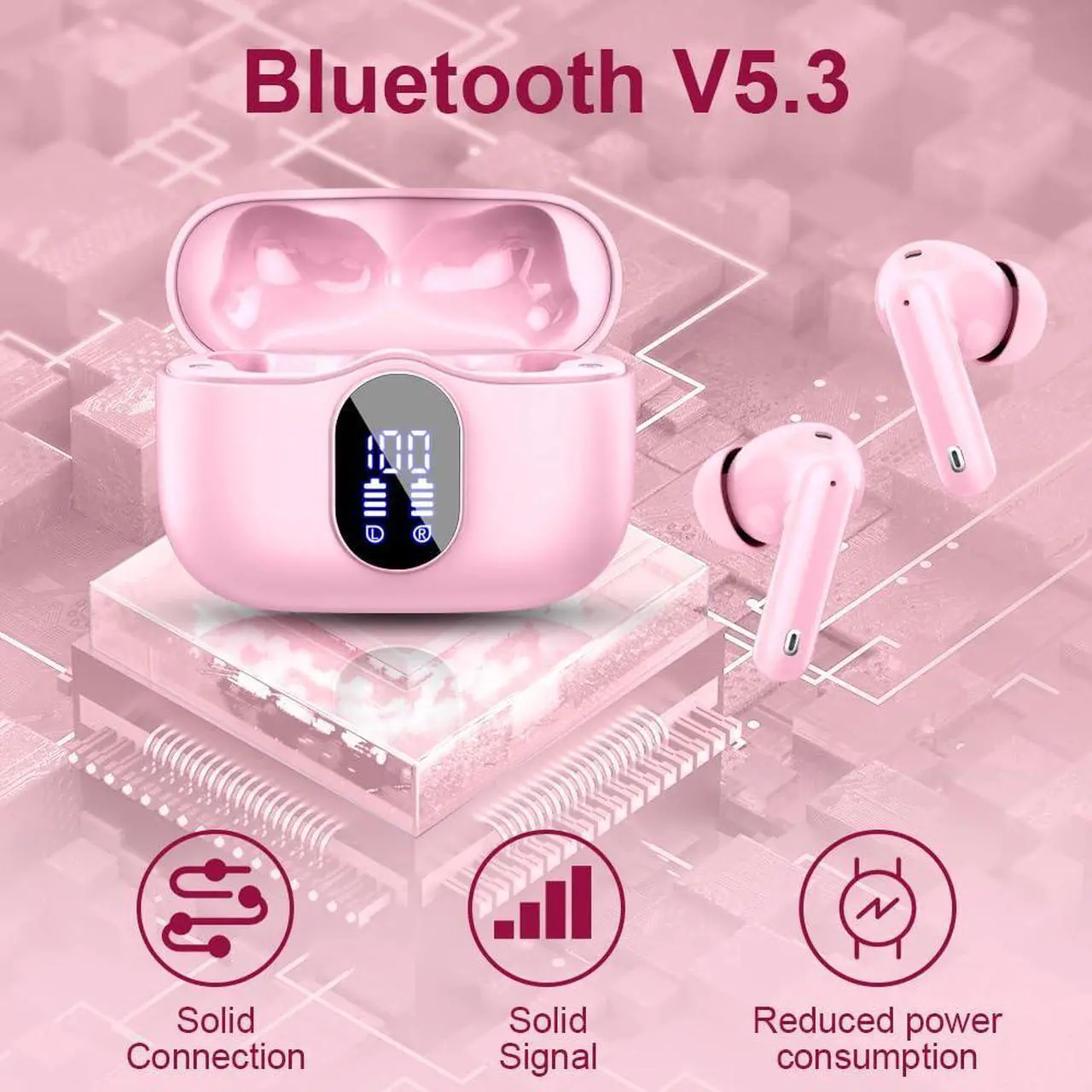 Alt view image 4 of 5 - Wireless Earbuds Bluetooth 5.3 Headphones Bass Stereo Ear Buds with Noise Cancelling Mic LED Display in Ear Earphones IP7 Waterproof 36H Playtime for Laptop Pad Phones Sports Workout Pink