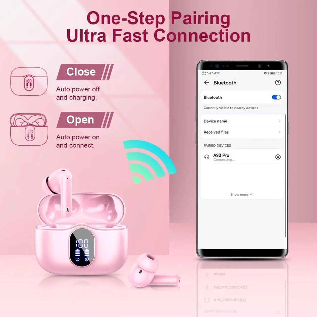 Alt view image 5 of 5 - Wireless Earbuds Bluetooth 5.3 Headphones Bass Stereo Ear Buds with Noise Cancelling Mic LED Display in Ear Earphones IP7 Waterproof 36H Playtime for Laptop Pad Phones Sports Workout Pink