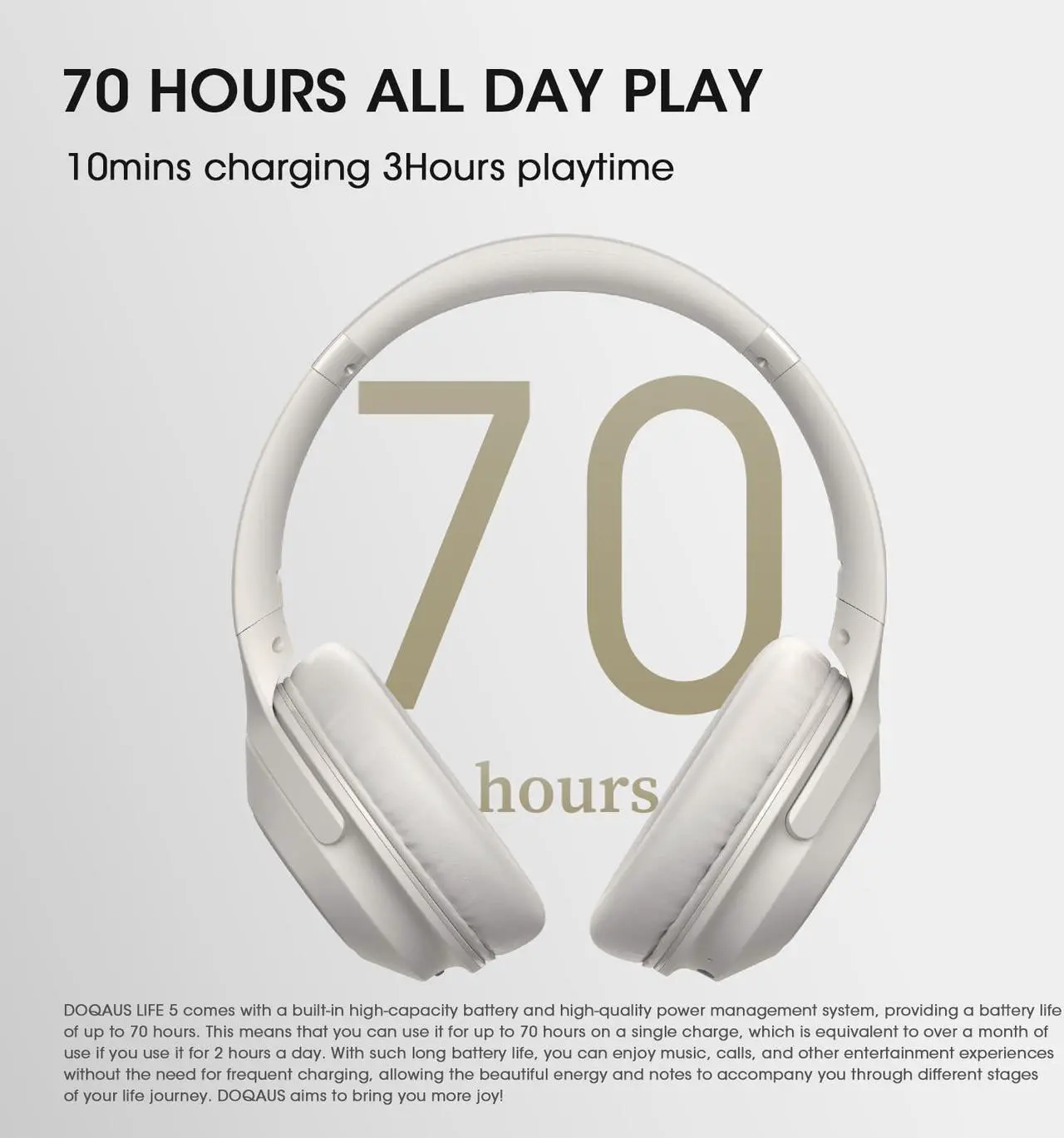 Alt view image 2 of 5 - DOQAUS Bluetooth Headphones, Wireless Over Ear Bluetooth Headphones, 70H Playtime, 3EQ Modes, HiFi Stereo Sound, Deep Bass, Memory Foam Ear Cups, for Phone PC Travel Home Office (Light Gray)