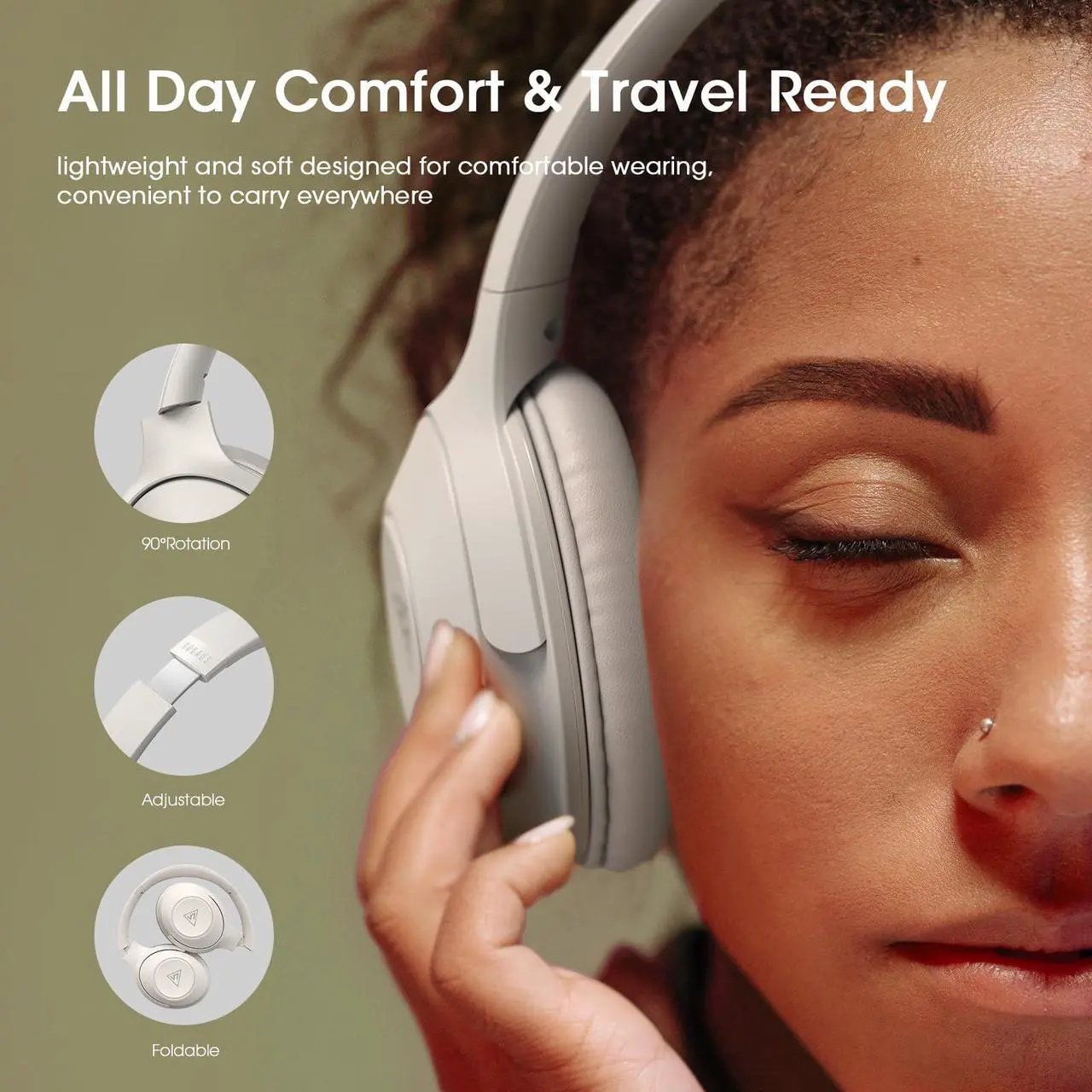 Alt view image 5 of 5 - DOQAUS Bluetooth Headphones, Wireless Over Ear Bluetooth Headphones, 70H Playtime, 3EQ Modes, HiFi Stereo Sound, Deep Bass, Memory Foam Ear Cups, for Phone PC Travel Home Office (Light Gray)