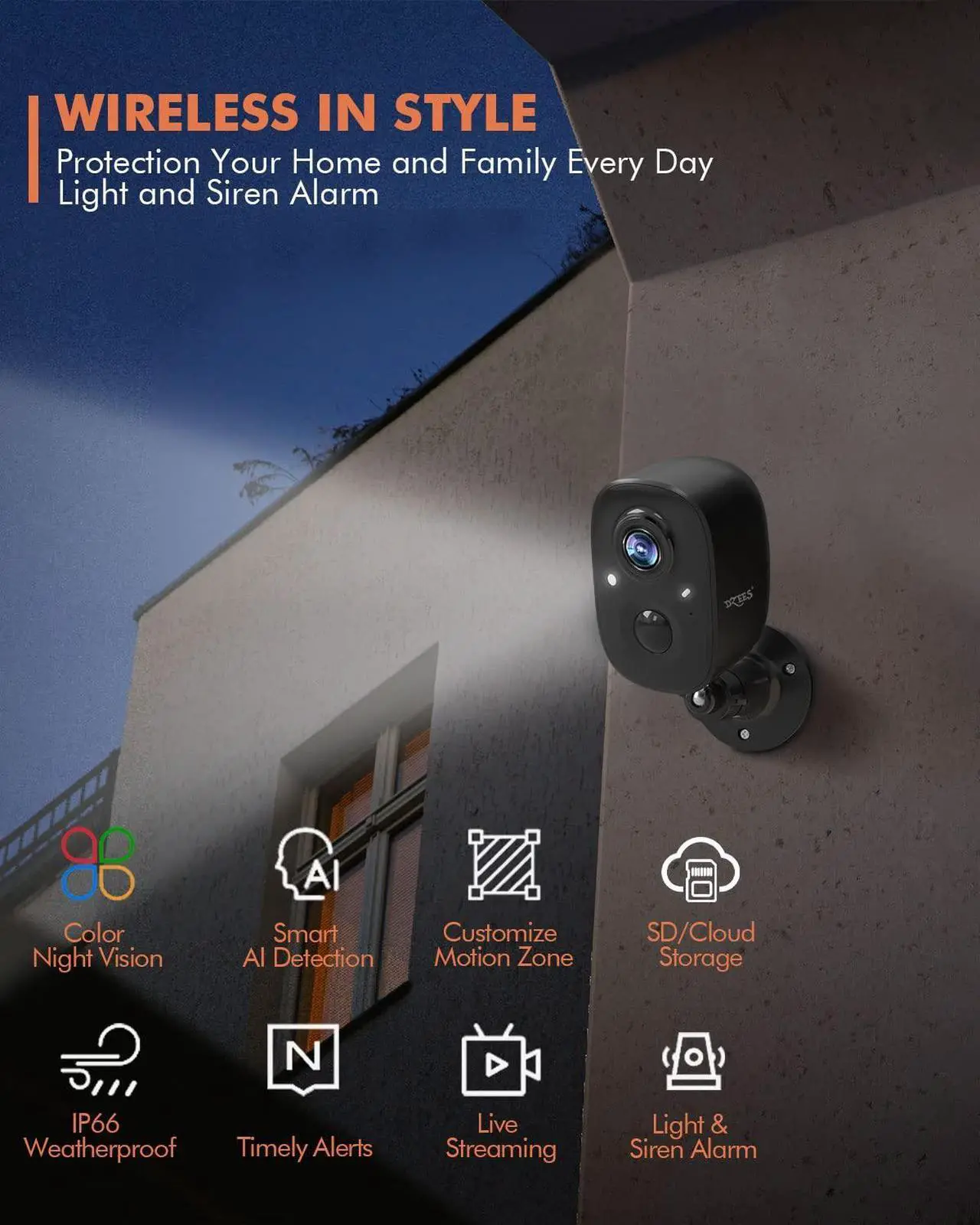 Alt view image 2 of 5 - Dzees Security Camera Outdoor Wireless - Upgrade 2K 3MP Battery Powered WiFi Outdoor Camera Wireless, Spotlight, Siren, AI Dectection, Color Night Vision, IP66 Waterproof Cloud/SD-Black