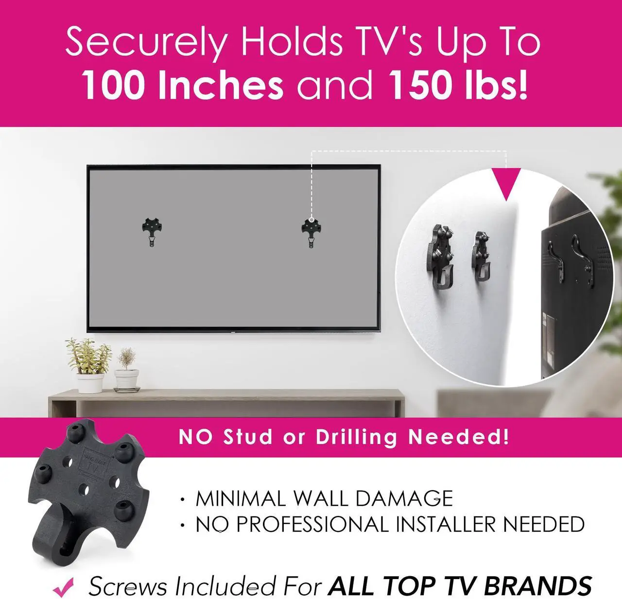 Alt view image 3 of 5 - HangSmart TV Wall Mount NO STUD Easy Install, DIY hangs any TV in minutes, 19-100 inch TVs, Holds up to 150LBS, Multi-Purpose most LED LCD Flat Screen TVs & Monitors, Include Hardware (TV 19" to 100")