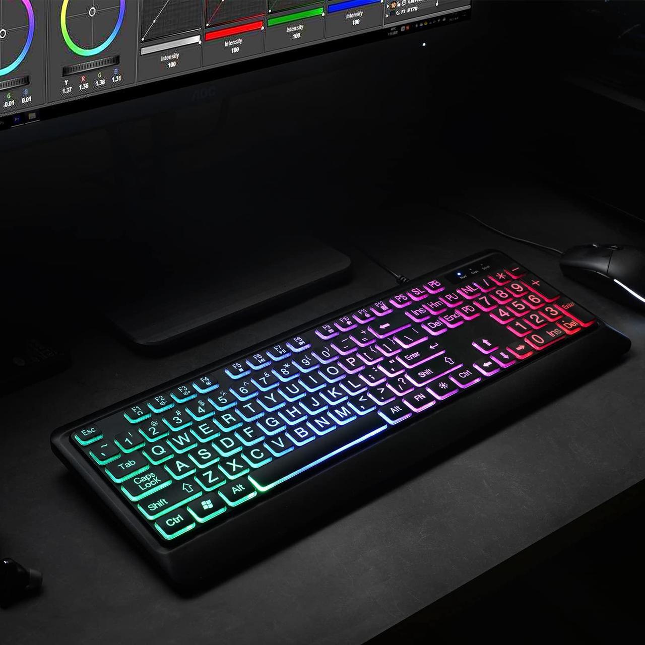 Alt view image 2 of 5 - Backlit Wired Keyboard for Windows, Large Print Computer Keyboards with Rainbow Backlit, Plug and Play, Full-Size, Oversize Letters Keys Easy to See and Type, Light Up Keyboard for Laptop, PC, Gaming
