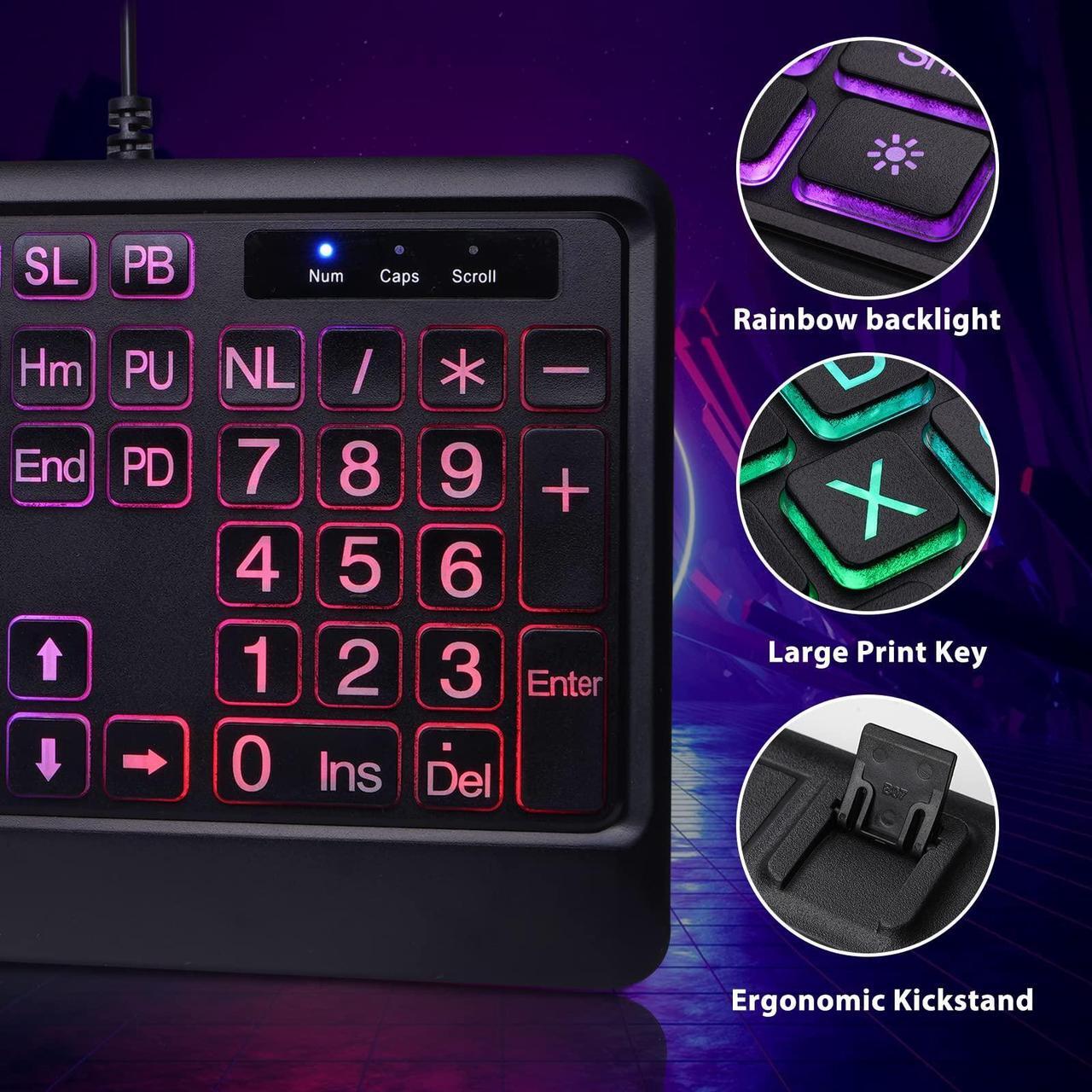 Alt view image 5 of 5 - Backlit Wired Keyboard for Windows, Large Print Computer Keyboards with Rainbow Backlit, Plug and Play, Full-Size, Oversize Letters Keys Easy to See and Type, Light Up Keyboard for Laptop, PC, Gaming
