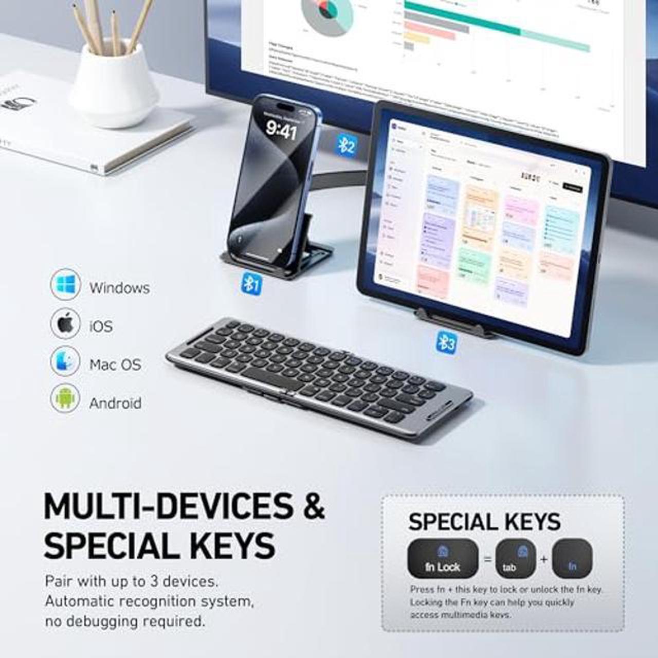 Alt view image 2 of 5 - PuechAxe Foldable Bluetooth Keyboard with Stand Holder, Portable Wireless Phone Keyboard, Rechargeable Full Size Ultra Slim Travel Keyboard for iOS, Android, Windows, Fit Phone Pad Tablet Laptop,B088