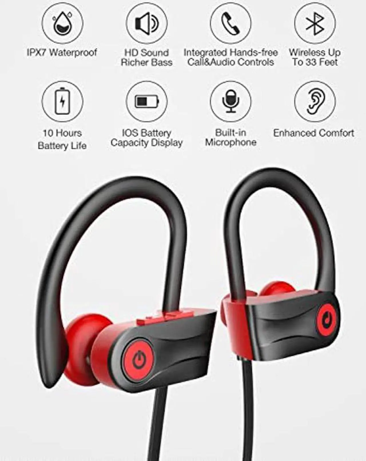 Alt view image 2 of 5 - Otium Wireless Bluetooth 5.3 Sport Headphones Built-in Mic in Ear Running Headset with Earhooks 16 Hours Playtime